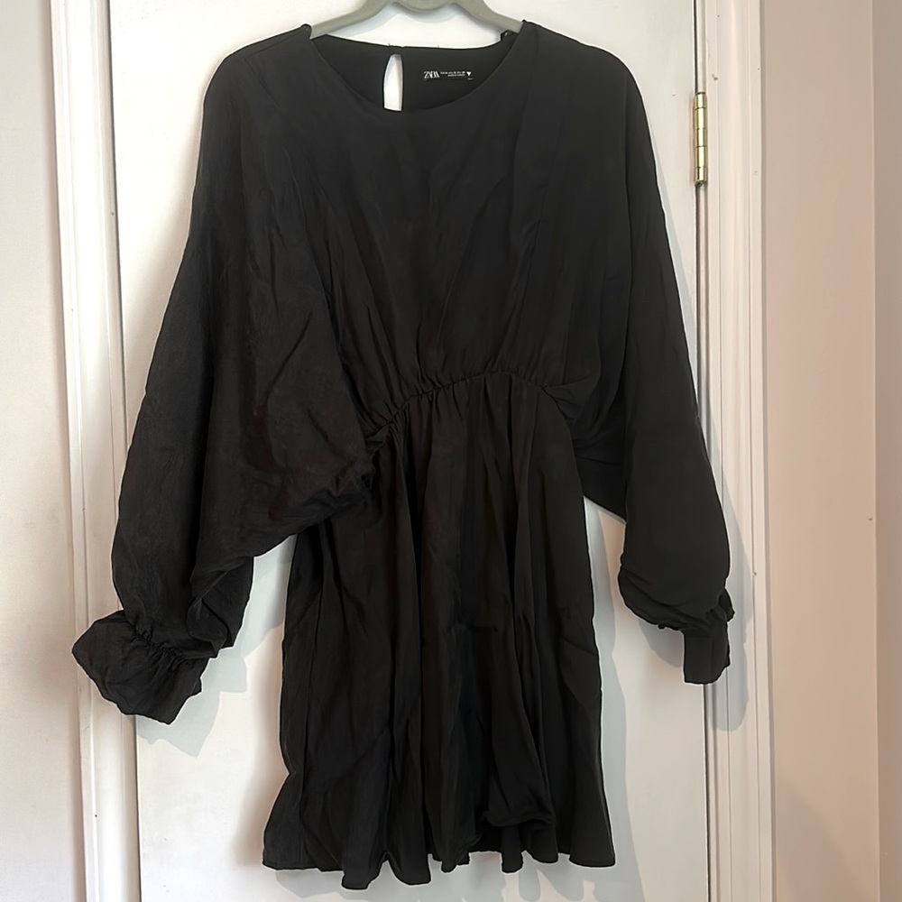 Zara Balloon Sleeve Elastic Waist Ruffle Dress - Black